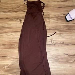 Brown criss cross back maxi dress with slit